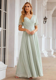 A-line V Neck Short Sleeve Chiffon Long/Floor-Length Bridesmaid Dresses With Pleated Waistband Deborah STKP0025381