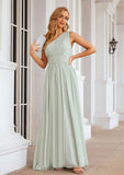 A-line One-Shoulder Sleeveless Chiffon Long/Floor-Length Bridesmaid Dresses With Pleated Jaliyah STKP0025382