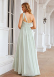 A-line One-Shoulder Sleeveless Chiffon Long/Floor-Length Bridesmaid Dresses With Pleated Jaliyah STKP0025382