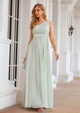 A-line One-Shoulder Sleeveless Chiffon Long/Floor-Length Bridesmaid Dresses With Pleated Jaliyah STKP0025382