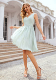 A-line V Neck Sleeveless Chiffon Knee-Length Bridesmaid Dresses With Pleated Waistband Marissa STKP0025383