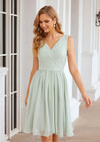 A-line V Neck Sleeveless Chiffon Knee-Length Bridesmaid Dresses With Pleated Waistband Marissa STKP0025383