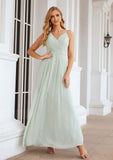 A-line V Neck Sleeveless Chiffon Long/Floor-Length Bridesmaid Dresses With Pleated Adelyn STKP0025385