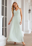 A-line V Neck Sleeveless Chiffon Long/Floor-Length Bridesmaid Dresses With Pleated Adelyn STKP0025385