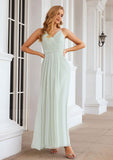 A-line V Neck Sleeveless Chiffon Long/Floor-Length Bridesmaid Dresses With Pleated Adelyn STKP0025385