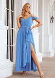 A-line V Neck Sleeveless Chiffon Long/Floor-Length Bridesmaid Dresses With Pleated Waistband Split Chelsea STKP0025387