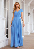 A-line V Neck Short Sleeve Chiffon Long/Floor-Length Bridesmaid Dresses Kamila STKP0025390