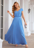 A-line V Neck Short Sleeve Chiffon Long/Floor-Length Bridesmaid Dresses Kamila STKP0025390