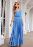 A-line V Neck Short Sleeve Chiffon Long/Floor-Length Bridesmaid Dresses Kamila STKP0025390