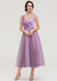 V Neck Sleeveless Tulle Tea-Length A-line/Princess Bridesmaid Dresses With Waistband Beading Pleated Frances STKP0025395