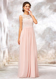 Scoop Neck Sleeveless Long/Floor-Length Chiffon A-line/Princess Bridesmaid Dresses With Lace Kaitlin STKP0025398