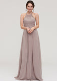 Scoop Neck Sleeveless A-line/Princess Chiffon Long/Floor-Length Bridesmaid Dresseses With Pleated Karla STKP0025399