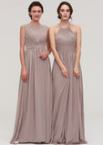 Scoop Neck Sleeveless A-line/Princess Chiffon Long/Floor-Length Bridesmaid Dresseses With Pleated Karla STKP0025399