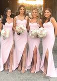 Sheath/Column Sweetheart Sleeveless Sweep Train Elastic Satin Bridesmaid Dresses With Pleated Split Raven STKP0025400