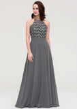 A-line/Princess Halter Long/Floor-Length Chiffon A-line/Princess Bridesmaid Dresses With Appliqued Kimberly STKP0025402