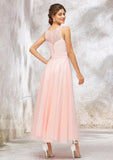 Bateau Sleeveless Tea-Length Tulle A-line/Princess Bridesmaid Dresses With Waistband Lace Violet STKP0025403