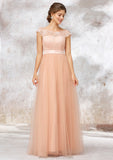 Sleeveless Bateau Long/Floor-Length Tulle A-line/Princess Bridesmaid Dresses With Sashes Lace Elisa STKP0025405