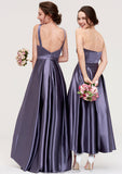 Sweetheart Sleeveless A-line/Princess Satin Ankle-Length Bridesmaid Dresses With Pleated Karlie STKP0025408