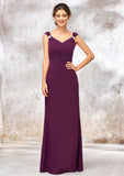 V Neck Sleeveless Long/Floor-Length Sheath/Column Chiffon Bridesmaid Dresses With Sashes Pleated Beading Danica STKP0025412