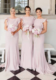 Sheath/Column Scoop Neck Sleeveless Sweep Train Elastic Satin Bridesmaid Dresses With Ruffles Cassandra STKP0025415