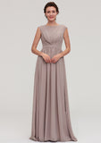 Bateau Sleeveless A-line/Princess Chiffon Long/Floor-Length Bridesmaid Dresses With Pleated Lailah STKP0025420