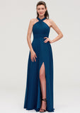 Scalloped Neck Sleeveless A-line/Princess Chiffon Long/Floor-Length Bridesmaid Dresseses With Split Pleated Val STKP0025424