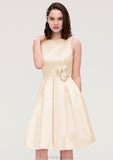 Sleeveless Bateau Knee-Length Satin A-line/Princess Bridesmaid Dresses With Pleated Flowers Amelia STKP0025425