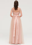 Bateau Sleeveless Tulle A-line/Princess Long/Floor-Length Bridesmaid Dresseses With Sashes Lace Samantha STKP0025427