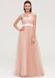 Bateau Sleeveless Tulle A-line/Princess Long/Floor-Length Bridesmaid Dresseses With Sashes Lace Samantha STKP0025427