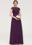 Short Sleeve Bateau Long/Floor-Length  Chiffon A-line/Princess Bridesmaid Dresses With Sashes Lace Makenna STKP0025428