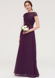 Short Sleeve Bateau Long/Floor-Length  Chiffon A-line/Princess Bridesmaid Dresses With Sashes Lace Makenna STKP0025428