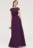 Short Sleeve Bateau Long/Floor-Length  Chiffon A-line/Princess Bridesmaid Dresses With Sashes Lace Makenna STKP0025428