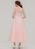 Tea-Length Sleeveless Bateau Tulle A-line/Princess Bridesmaid Dresses With Waistband Lace Kenzie STKP0025429