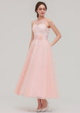 Tea-Length Sleeveless Bateau Tulle A-line/Princess Bridesmaid Dresses With Waistband Lace Kenzie STKP0025429