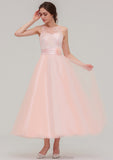 Tea-Length Sleeveless Bateau Tulle A-line/Princess Bridesmaid Dresses With Waistband Lace Kenzie STKP0025429