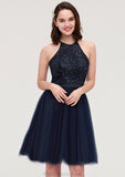 Sleeveless Halter Knee-Length Tulle A-line/Princess Bridesmaid Dresses With Sequins Appliqued Sashes Tina STKP0025430