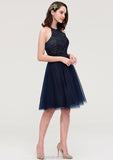 Sleeveless Halter Knee-Length Tulle A-line/Princess Bridesmaid Dresses With Sequins Appliqued Sashes Tina STKP0025430