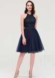 Sleeveless Halter Knee-Length Tulle A-line/Princess Bridesmaid Dresses With Sequins Appliqued Sashes Tina STKP0025430