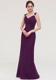 Sleeveless V Neck Long/Floor-Length Sheath/Column Chiffon Bridesmaid Dresses With Sashes Beading Pleated Marian STKP0025432