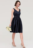 V Neck Sleeveless A-line/Princess Knee-Length Satin Bridesmaid Dresses With Pleated Lea STKP0025433