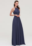 Scoop Neck Sleeveless A-line/Princess Chiffon Long/Floor-Length Bridesmaid Dresseses With Pleated Appliqued Audrey STKP0025439