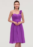 One-Shoulder Sleeveless Knee-Length Chiffon A-line/Princess Bridesmaid Dresseses With Pleated Flowers Kinsley STKP0025441