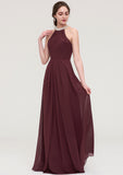 Sleeveless Halter Long/Floor-Length Chiffon A-line/Princess Bridesmaid Dresses With Beading Pleated Philippa STKP0025445