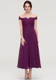 Off-the-Shoulder Sleeveless Tea-Length Chiffon A-line/Princess Bridesmaid Dresses With Lace Beading Raven STKP0025446