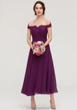 Off-the-Shoulder Sleeveless Tea-Length Chiffon A-line/Princess Bridesmaid Dresses With Lace Beading Raven STKP0025446