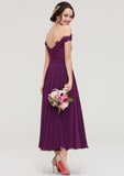 Off-the-Shoulder Sleeveless Tea-Length Chiffon A-line/Princess Bridesmaid Dresses With Lace Beading Raven STKP0025446