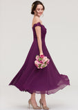 Off-the-Shoulder Sleeveless Tea-Length Chiffon A-line/Princess Bridesmaid Dresses With Lace Beading Raven STKP0025446