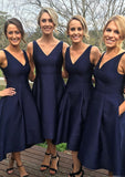 V-Neck A-Line/Princess Tea-Length Satin Bridesmaid Dresses Abagail STKP0025447