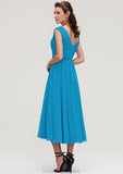 Sleeveless V Neck Tea-Length Chiffon A-line/Princess Bridesmaid Dresseses With Pleated Olivia STKP0025448