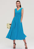 Sleeveless V Neck Tea-Length Chiffon A-line/Princess Bridesmaid Dresseses With Pleated Olivia STKP0025448